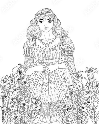 Coloring book for adults with beautiful medieval lady