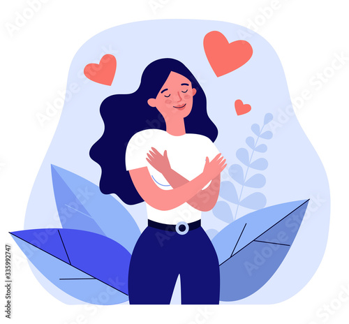 Happy woman hugging herself. Positive lady expressing self love and care. Vector illustration for love yourself, body positive, confidence concept