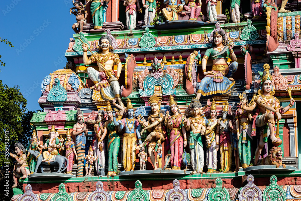 Hindu temple in Tamil Nadu, South India. Sculptures on Hindu temple gopura (tower)
Hindu temple in Tamil Nadu, South India. Sculptures on Hindu temple gopura (tower)