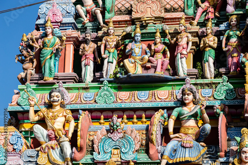 Hindu temple in Tamil Nadu, South India. Sculptures on Hindu temple gopura (tower) 