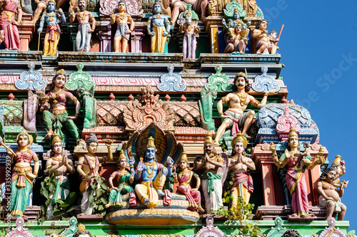Hindu temple in Tamil Nadu, South India. Sculptures on Hindu temple gopura (tower) 