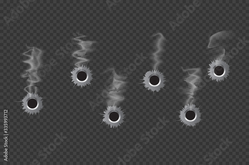 Realistic Bullet holes Set. Isolated on  transparent background. Vector illustration.