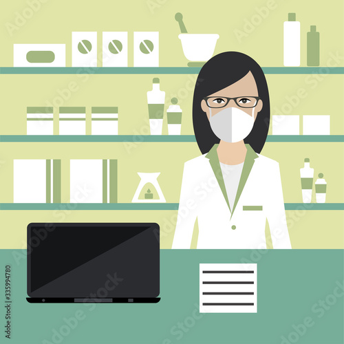 Woman pharmacist protecting from covid 19, corona by wearing masks sells medications in pharmacy interior.  Medical shop, store, pharmaceutical drugstore. Flat vector illustration.