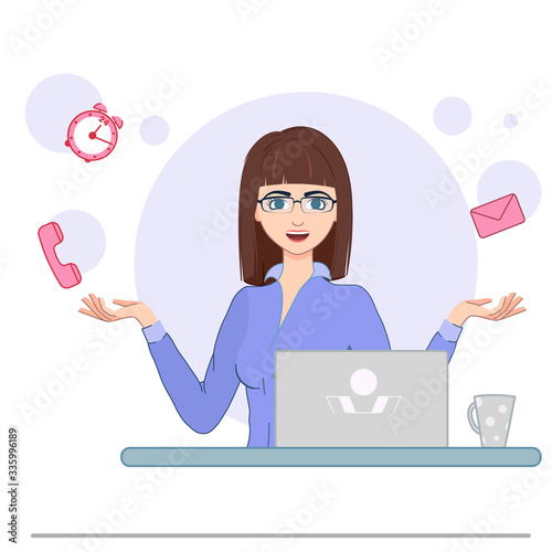 Cute business woman in formal clothes sitting at the computer.