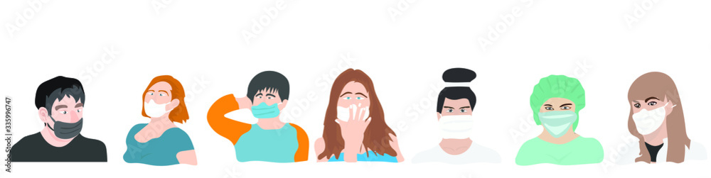 People, men and women wear masks that protect against the corona virus disease 2019 (COVID-19) people icons,vector art and illustration. People, men and women wear masks that protect against the corona virus disease 2019 (COVID-19) people icons,vector art and illustration.