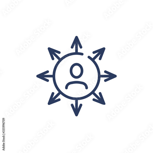 Career opportunity thin icon. Person in circle with outward arrows, choosing job, direction. Line icon for business, college, choice, occupation concept