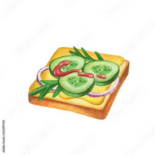 Sandwich watercolor. Fast food meal on watercolor illustration. Painting sandwich vector isolated on white background. Aquarelle food for restaurant menu design. Watercolor hand drawn food.