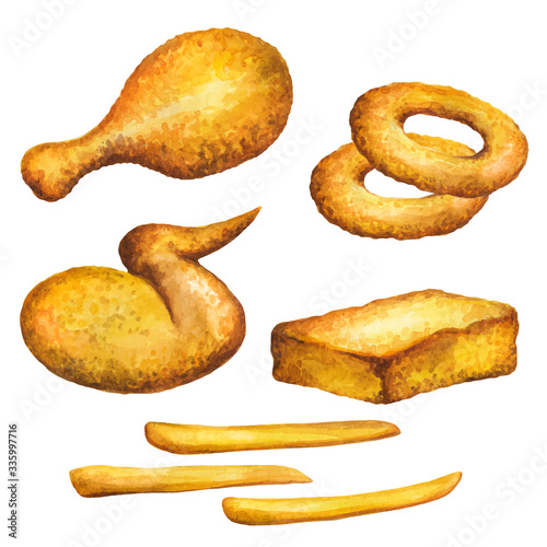 Chicken wing watercolor. Painting onion rings and chicken wing vector isolated on white background. Aquarelle fastfood for restaurant menu design. Watercolor chiken illustrated