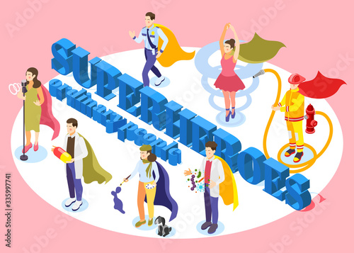 Superheroes People Isometric Composition 