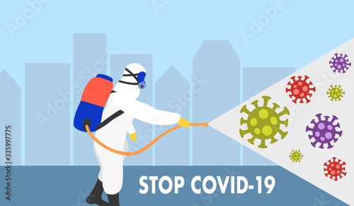 A man in hazmat suit spraying and disinfecting COVID-19 Coronavirus cells in the city. Virus disinfection concept vector illustration. Agent cleaning germs, virus and bacteria. Covid19 outbreak.
