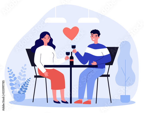 Happy young couple dating in restaurant on Valentines day. Man and woman sitting at table, drinking wine, celebrating anniversary. Vector illustration for relationship, love, romantic dinner concept