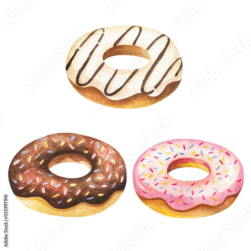 Donut watercolor. Breakfast sweet food on watercolor illustration. Painting donut vector isolated on white background. Chocolate, vanilla and pink hand draw donuts for restaurant menu design.