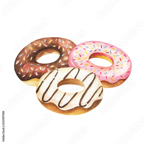 Donut watercolor. Breakfast sweet food on watercolor illustration. Painting donut vector isolated on white background. Chocolate, vanilla and pink hand draw donuts for restaurant menu design.