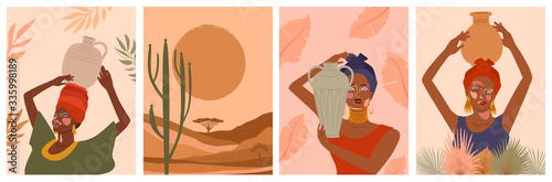 Set of abstract posters with African woman in turban,  ceramic vase and jugs, plants, abstract shapes and landscape. Background in minimalistic style. Vector illustration