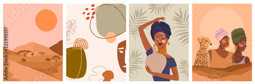 Obraz na płótnie Set of abstract posters with African woman in turban,  ceramic vase and jugs, plants, abstract shapes and landscape