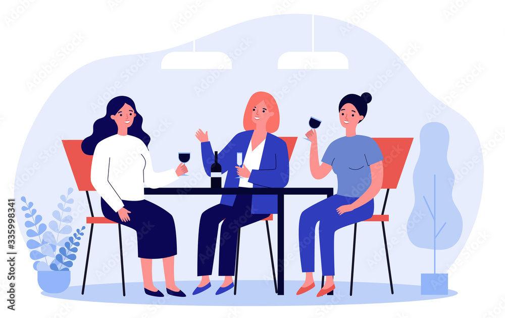 Happy female friends hanging out in cafe. Cheerful women sitting at table, talking, laughing, drinking wine. Vector illustration for communication, friendship, friendly meeting concept
