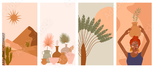 Set of abstract vertical background with African woman in turban,  ceramic vase and jugs, plants, abstract shapes and landscape. Background for social media minimalistic style. Vector illustration © miobuono