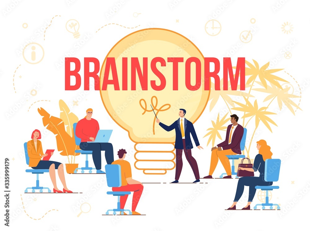 Brainstorm Creation Idea Workflow Process. Business Briefing Partner Meeting, Teamwork Task Discussion, Business Strategy Communication, Corporate Training. People at Laptop, Leader Point to Lightbulb Brainstorm Creation Idea Workflow Process. Business Briefing Partner Meeting, Teamwork Task Discussion, Business Strategy Communication, Corporate Training. People at Laptop, Leader Point to Lightbulb