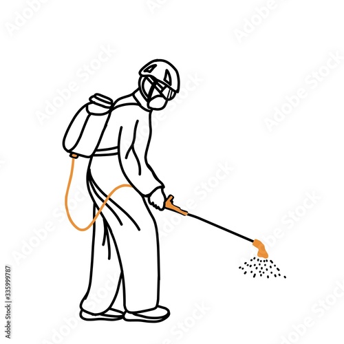 Spraying disinfectant with complete PPE 