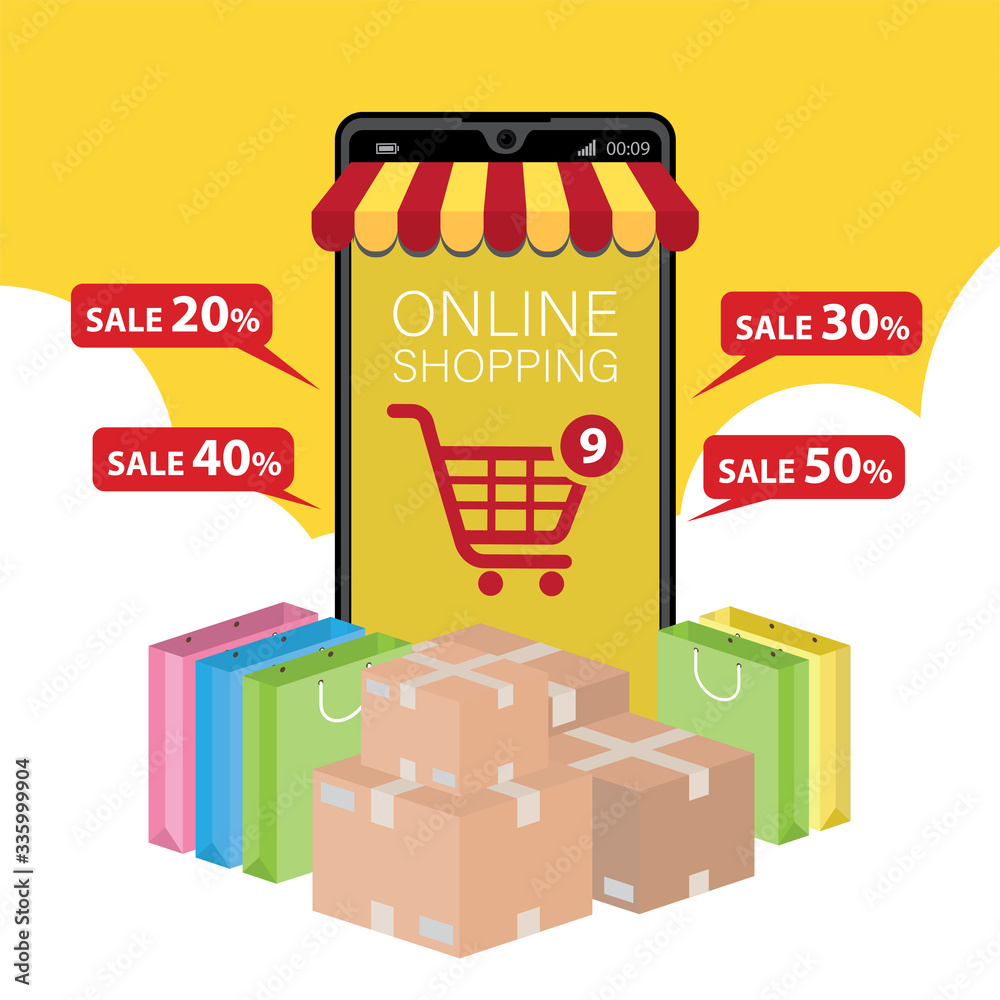 Mobile application for shopping, Online supermaket, Smartphone with shopping app. Mobile application for shopping, Online supermaket, Smartphone with shopping app.