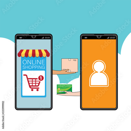 Mobile application for shopping, Online supermaket, Smartphone with shopping app.