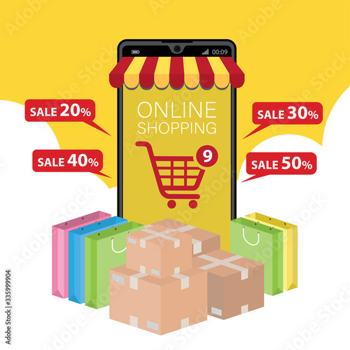 Mobile application for shopping, Online supermaket, Smartphone with shopping app.