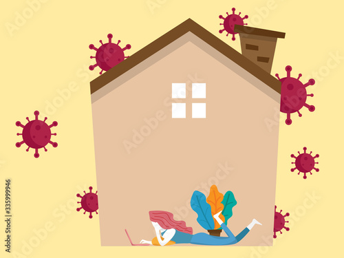 work from home concept, woman working with laptop in her home for avoid covie-19 coronavirus