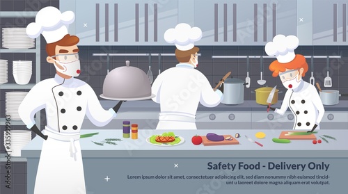 Banner Illustration Safety Food - Delivery Only. Commercial Kitchen with Cartoon Characters Chef Cook Dish Dinner. Vector Restaurant Kitchen with Culinary Staff Holding Round Cloche Tray with Food.