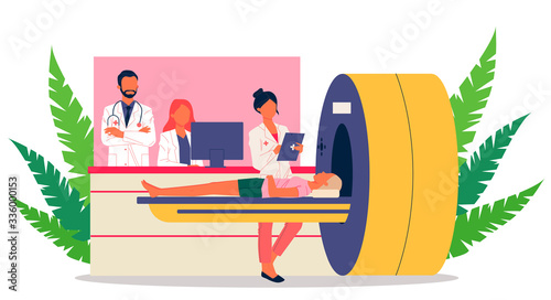 Magnetic resonance tomography. Female patient, scanner, mri flat vector illustration. Neurology, examination, disease concept for banner, website design or landing web page