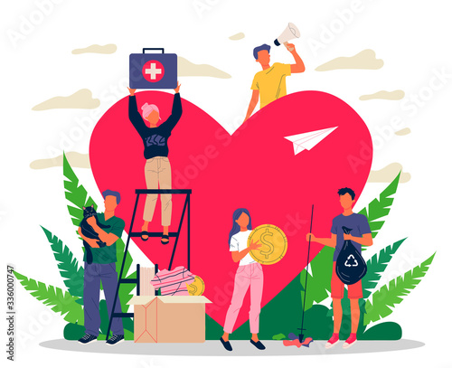 Volunteers vector illustration. Young people packing donation box with money, collecting garbage, taking care about animals near heart. Support community for social aid, charity, help concept