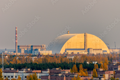 Schilderij op canvas Aerial view from the top of an abandoned apartment skyscraper in Pripyat, Cherno