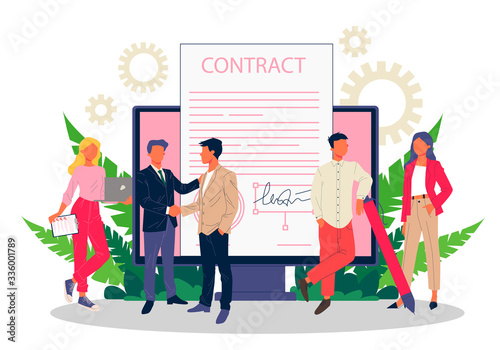 Business people signing contract with electronic signature vector illustration. Employees achieving formal agreement. People signing business documents with electronic signature
