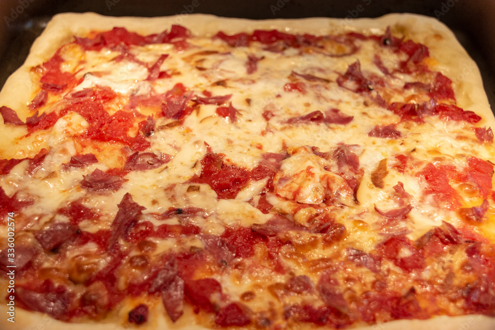 Pizza with tomato, salami and provola