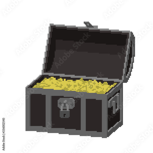 Opened Pixelated Treasure vintage wooden Chest full of gold coins. Pixel Art. Dimetric projection. 3d Vector illustration. Isolated on white background.