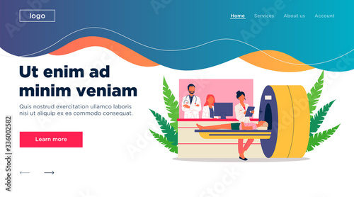 Magnetic resonance tomography. Female patient, scanner, mri flat vector illustration. Neurology, examination, disease concept for banner, website design or landing web page
