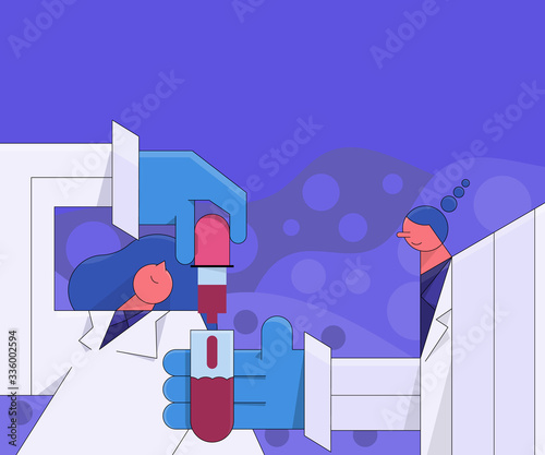 Two women scientist experiment on chemical reagent in test tube. Concept science character minimal design.