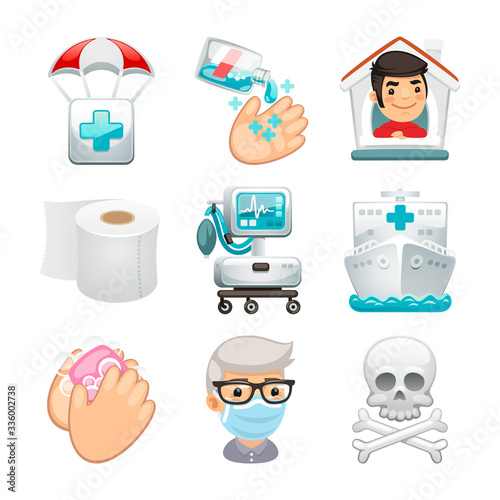 Cartoon medical icons on a epidemic theme. Objects for pandemic protection, sanitizer, self isolation, hygiene, mask and other accessories. Realistic style.