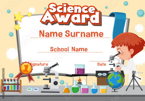 Certificate template design for science award wit hboy in science lab background