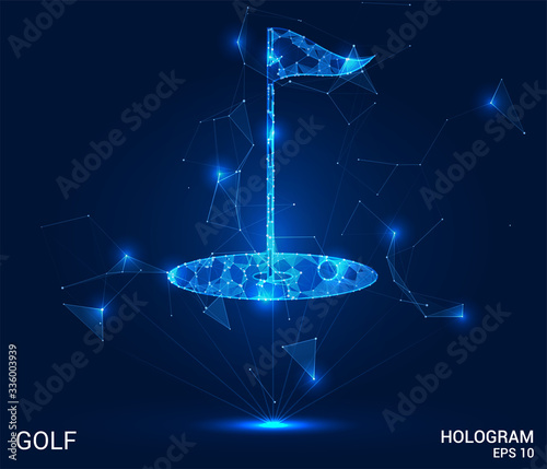 Golf hologram: a Golf Hole made up of polygons, triangles, points, and lines. Golf is a low-poly compound structure. The technology concept.