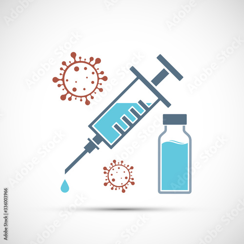 Icon syringe and bottle with vaccine from covid-19 virus.