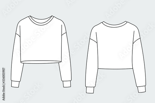 Female hoodie, sweatshirt vector template isolated on a grey background. Front and back view. Outline fashion technical sketch of clothes model.
