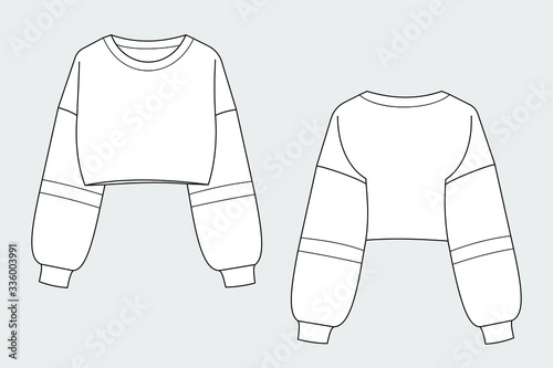 Female hoodie vector template isolated on a grey background. Front and back view. Outline fashion technical sketch of clothes model.