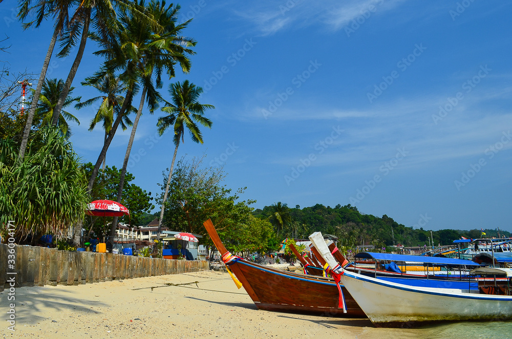 boat on the beach on the background of green palm trees in Thailand