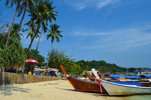 boat on the beach on the background of green palm trees in Thailand © Marina Shvedak