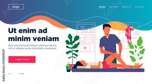 Massage therapist office. Man massaging woman leg and knee flat vector illustration. Sport massage, lifestyle, medicine concept for banner, website design or landing web page