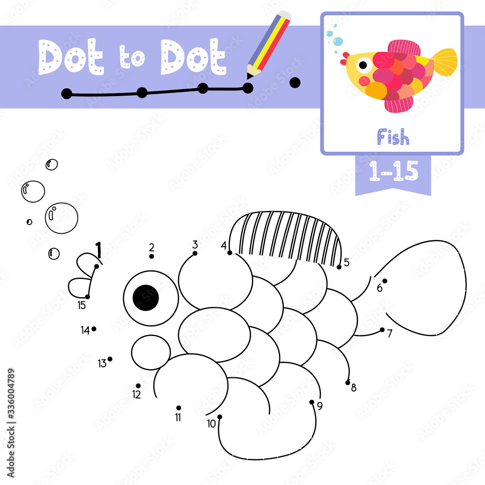 Dot to dot educational game and Coloring book Fish animal cartoon character vector illustration