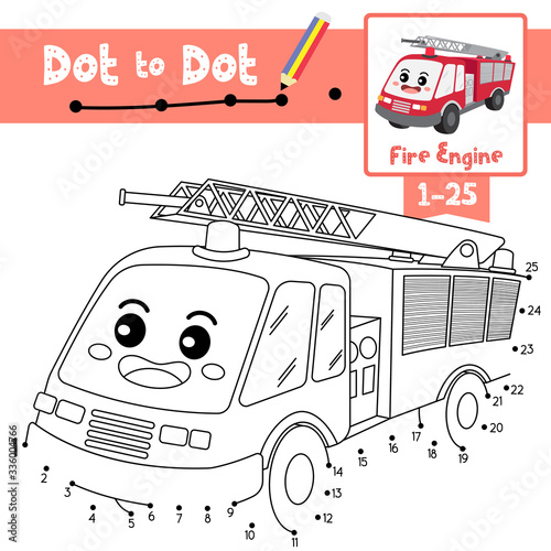 Dot to dot educational game and Coloring book Fire Engine cartoon character perspective view vector illustration