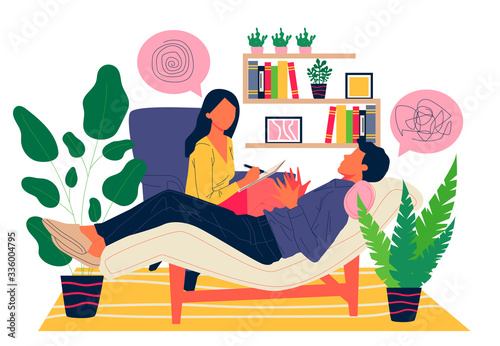 Patient counseling with psychologist vector illustration. Psychotherapy session concept with adult woman mental therapist. Man dealing with stress and depression