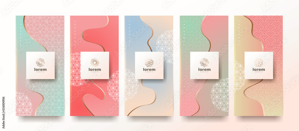 Vector set packaging templates japanese of nature luxury or premium products.logo design with trendy linear style.voucher, flyer, brochure,wallpaper.Menu book cover japan style vector illustration. Vector set packaging templates japanese of nature luxury or premium products.logo design with trendy linear style.voucher, flyer, brochure,wallpaper.Menu book cover japan style vector illustration.