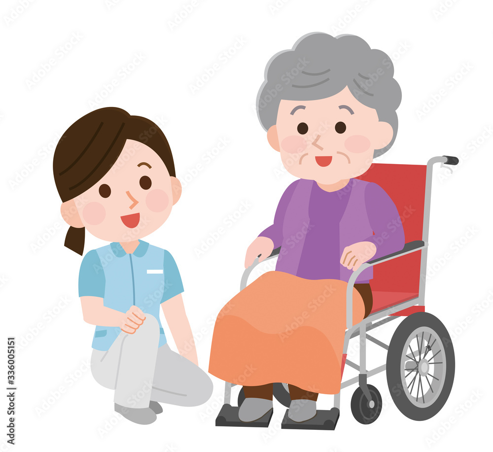 Vettoriale Stock 車椅子のおばあさん 介助 寄り添う男性介護士 イラスト Adobe Stock